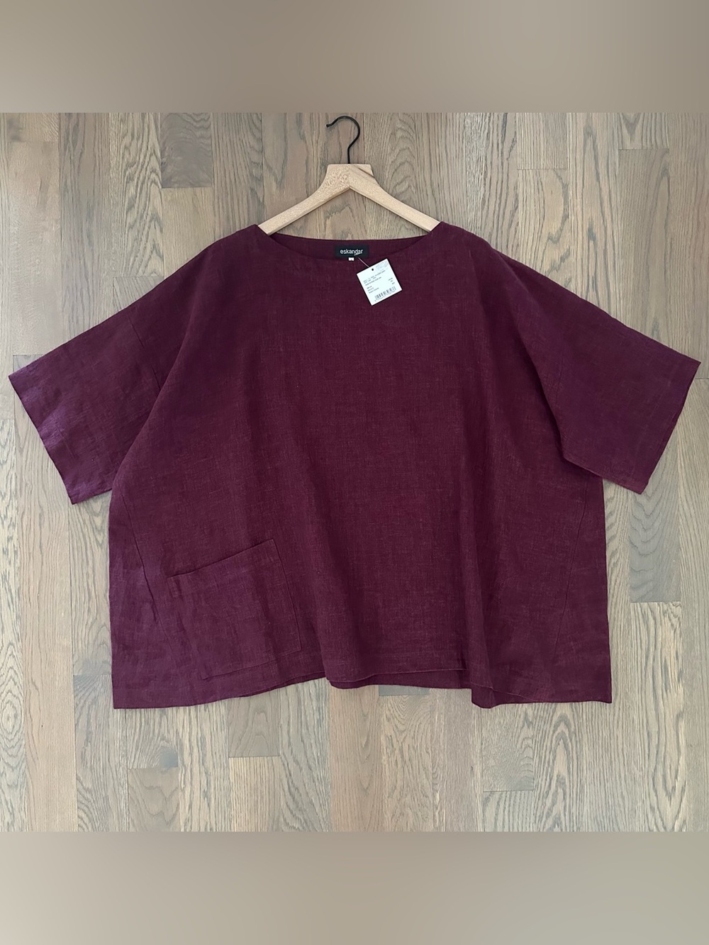 NWT Eskandar Angle to Front 3/4 Sleeve Scoop Neck Tunic Linen Burgundy 1 /Medium